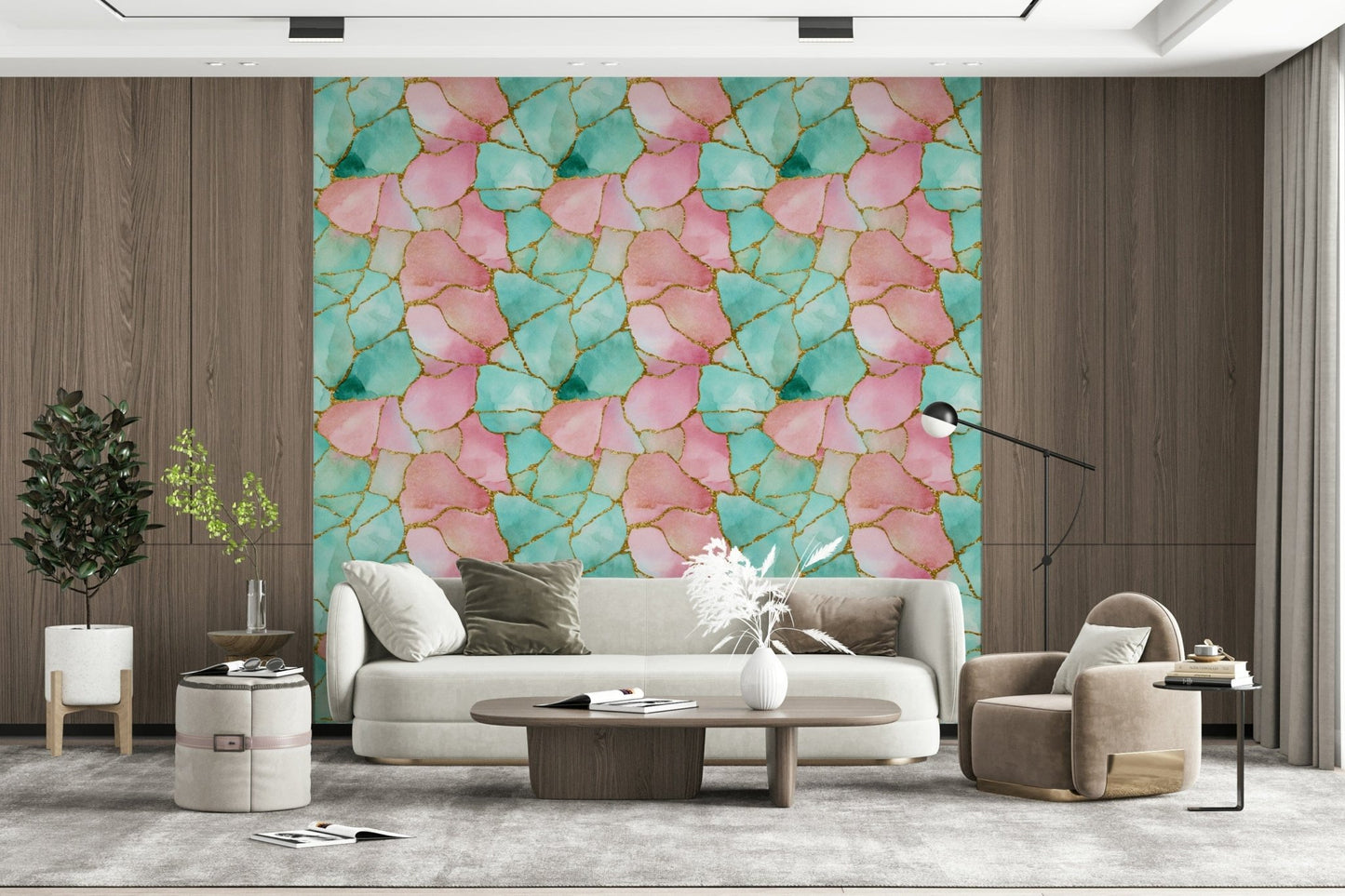Modern wallpaper design blending turquoise and pink with metallic gold veins