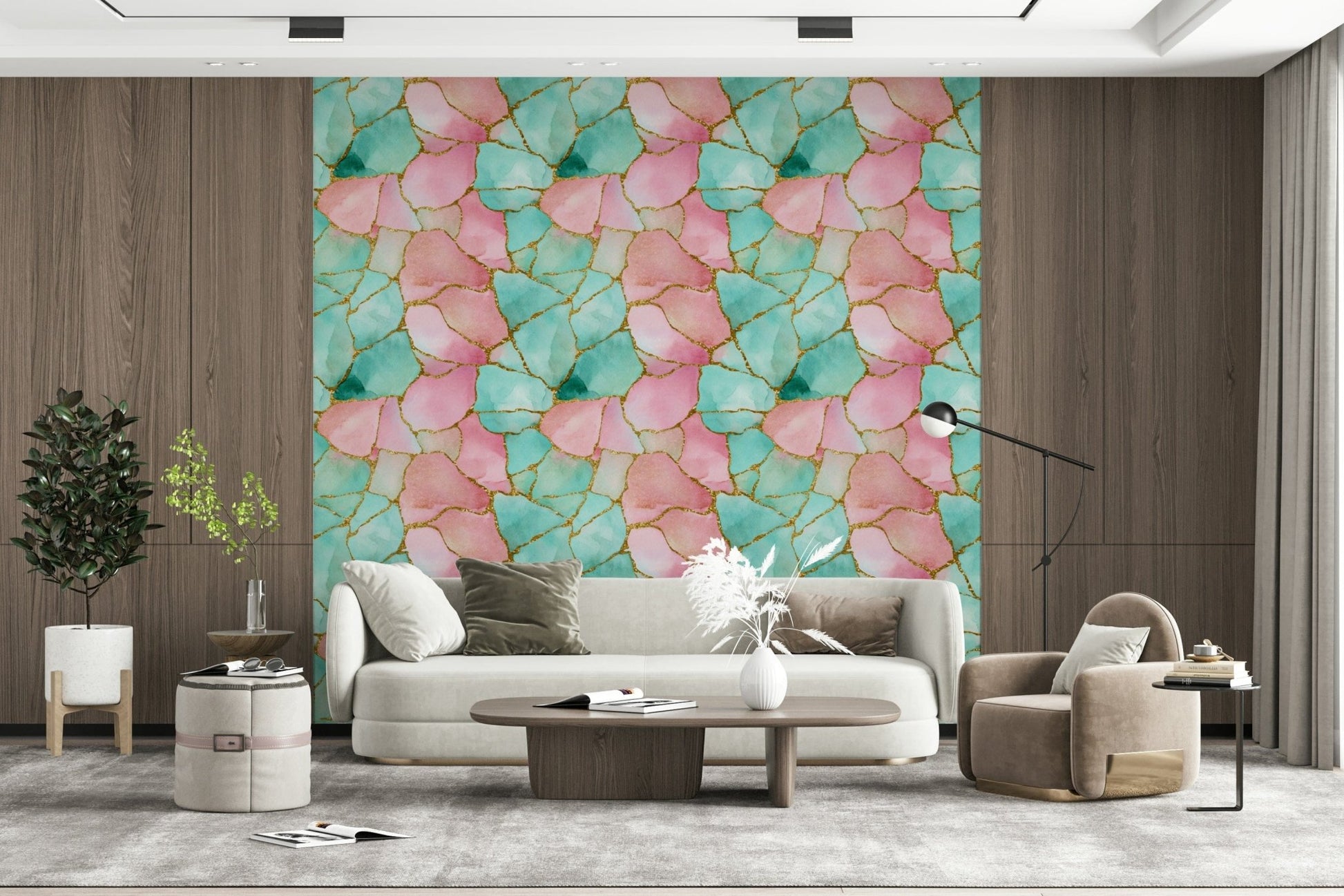 Modern wallpaper design blending turquoise and pink with metallic gold veins