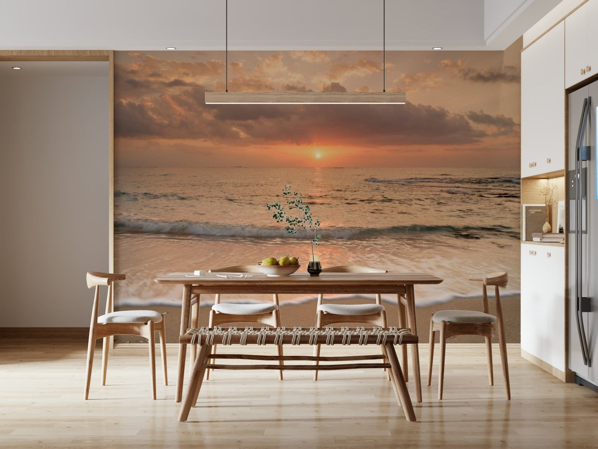 Oceanic view, Gilded Shores sunset wall mural, golden light reflecting on water.