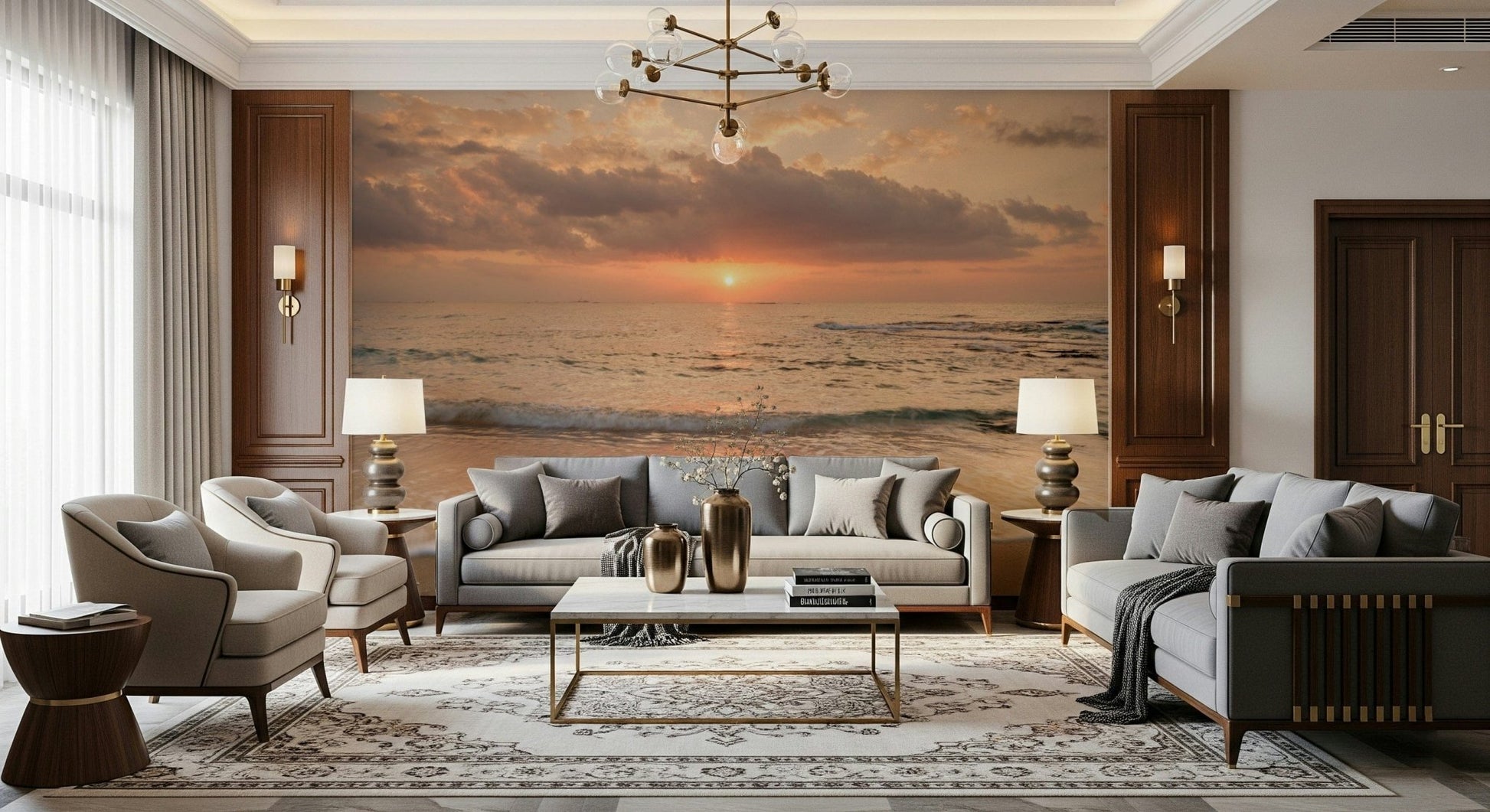 Serene beach Gilded Shores at Dusk wallpaper for walls, coastal scenery.