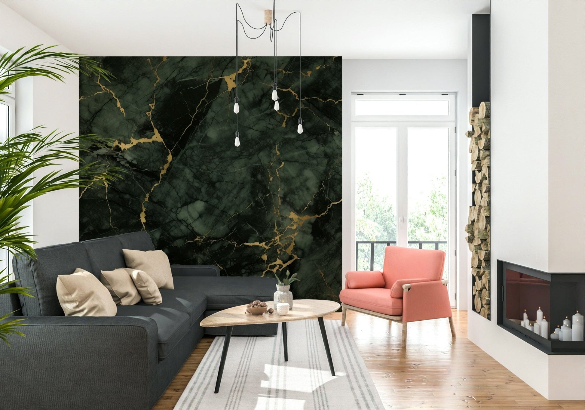 Decorative mural featuring shimmering gold details on realistic stone patterns.
