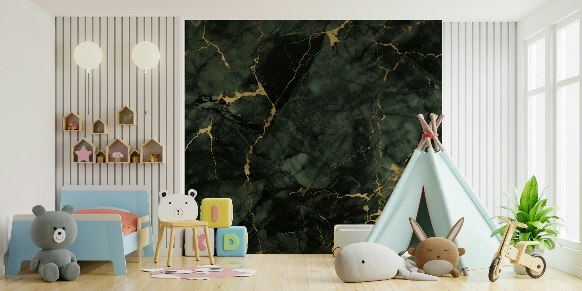 Gilded Stone Wall Mural — sophisticated combination of stone texture and gilded accents.