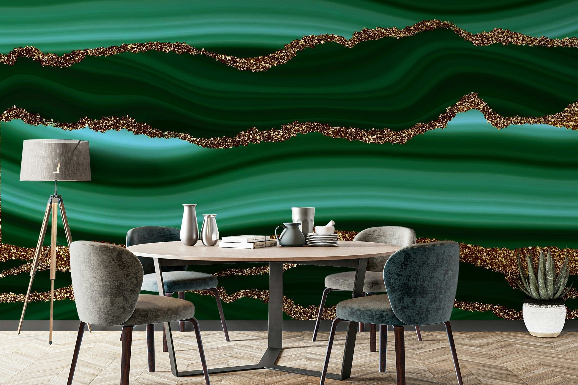 The wall art combines a flowing pattern with metallic accents.

