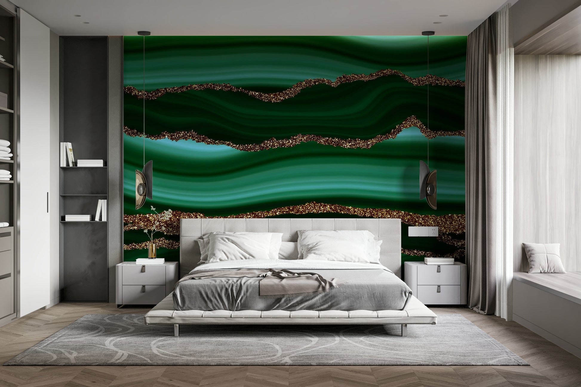 The mural shows a flowing, abstract design.

