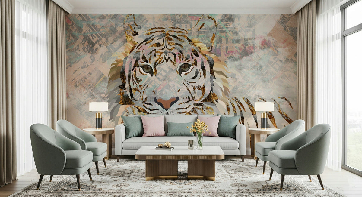 Gilded Tiger Collage wallpaper mural with a gold and white tiger behind a grey sofa and two sage armchairs in a living room