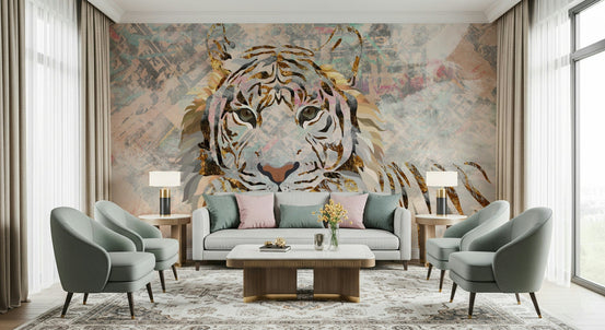 Gilded Tiger Collage wallpaper mural with a gold and white tiger behind a grey sofa and two sage armchairs in a living room