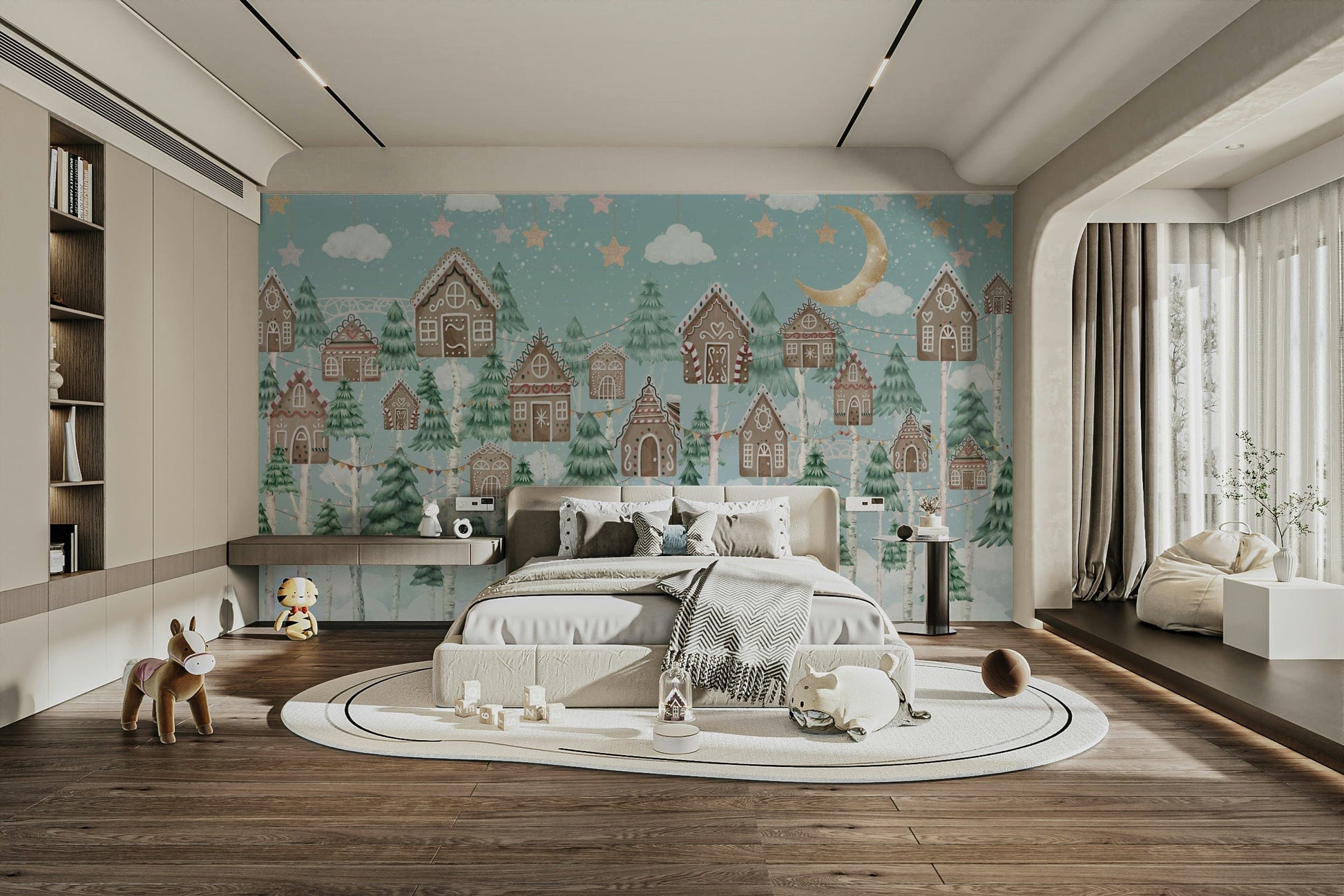 The design features trees made of gingerbread and candy.

