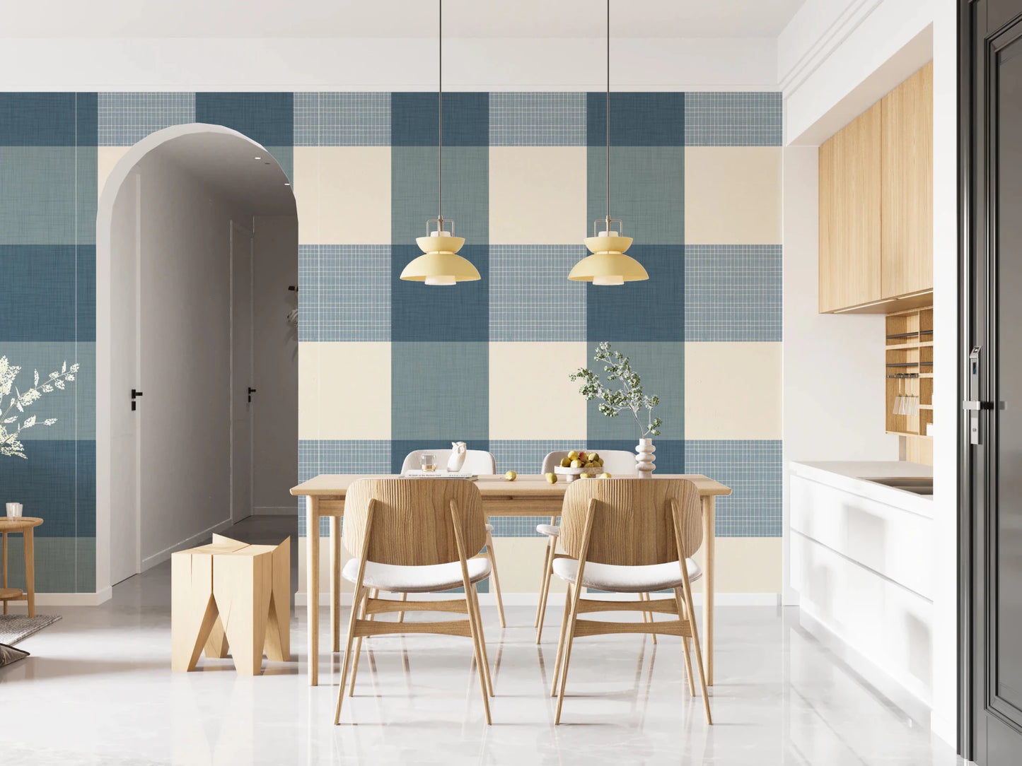 Gingham Dusty Blue Linen Texture Country Wallpaper⁠