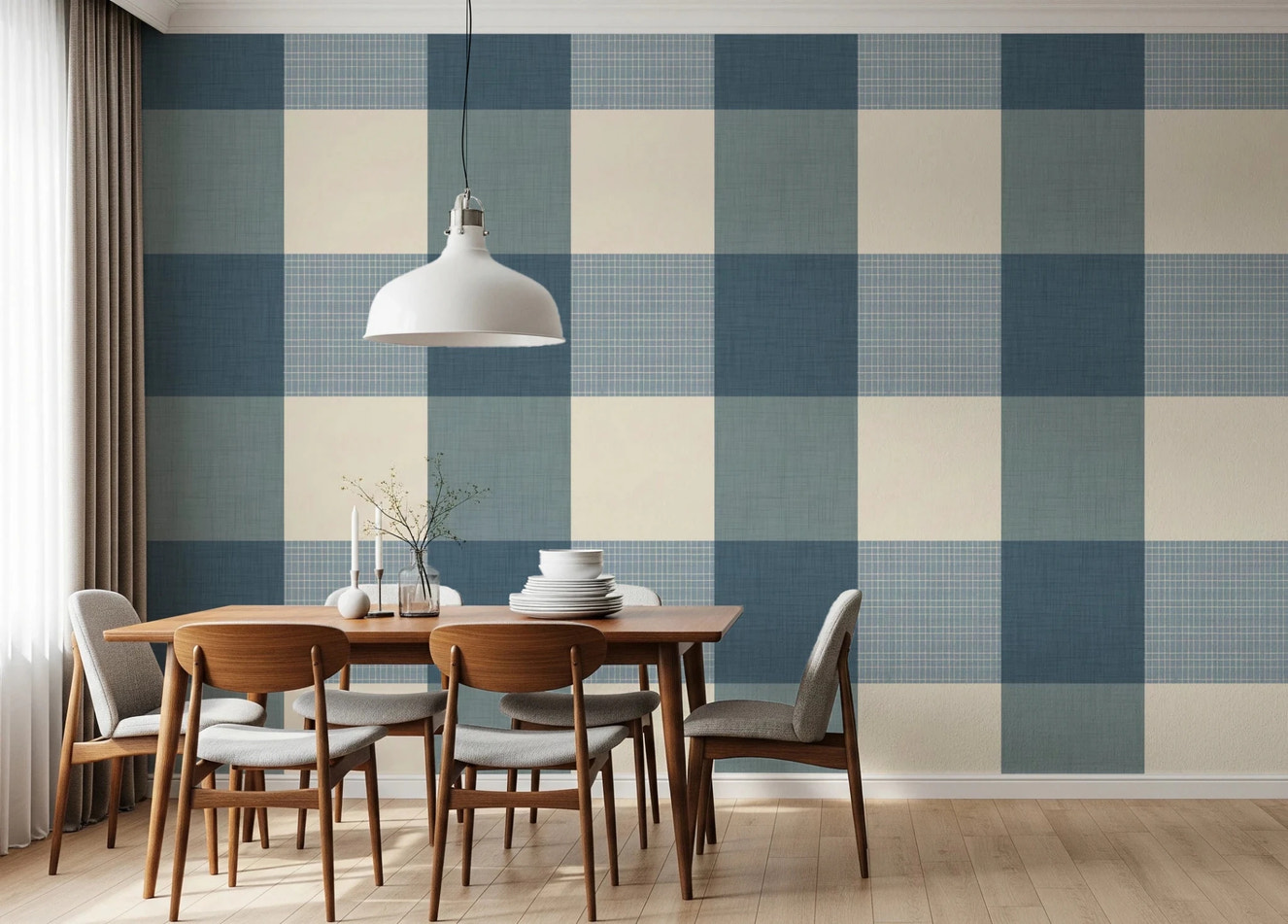 Gingham Dusty Blue Linen Texture Country Wallpaper⁠