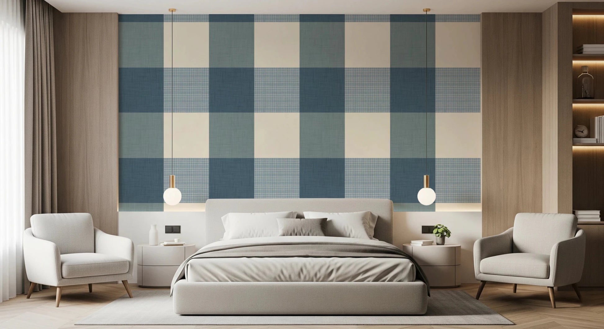 Gingham Dusty Blue Linen Texture Country Wallpaper⁠