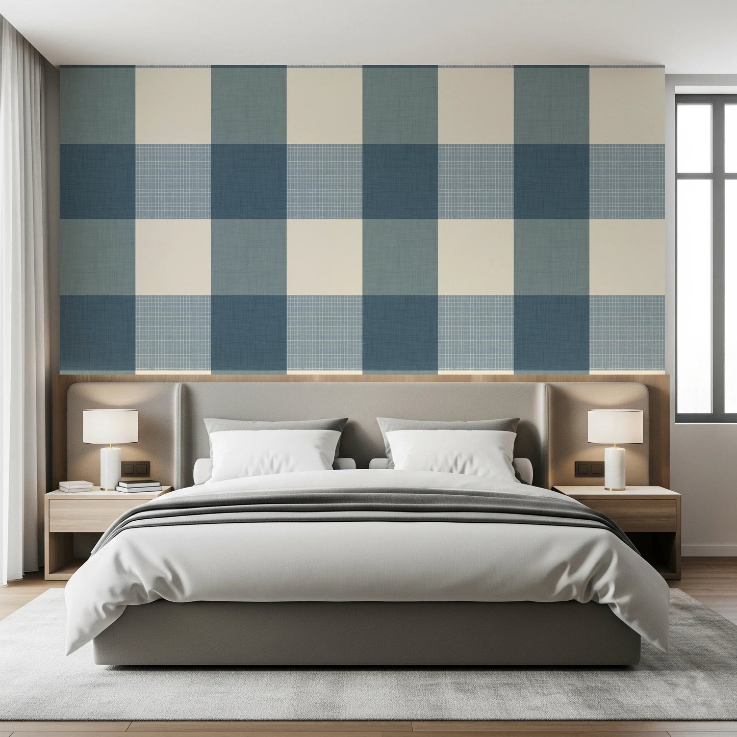 Gingham Dusty Blue Linen Texture Country Wallpaper⁠