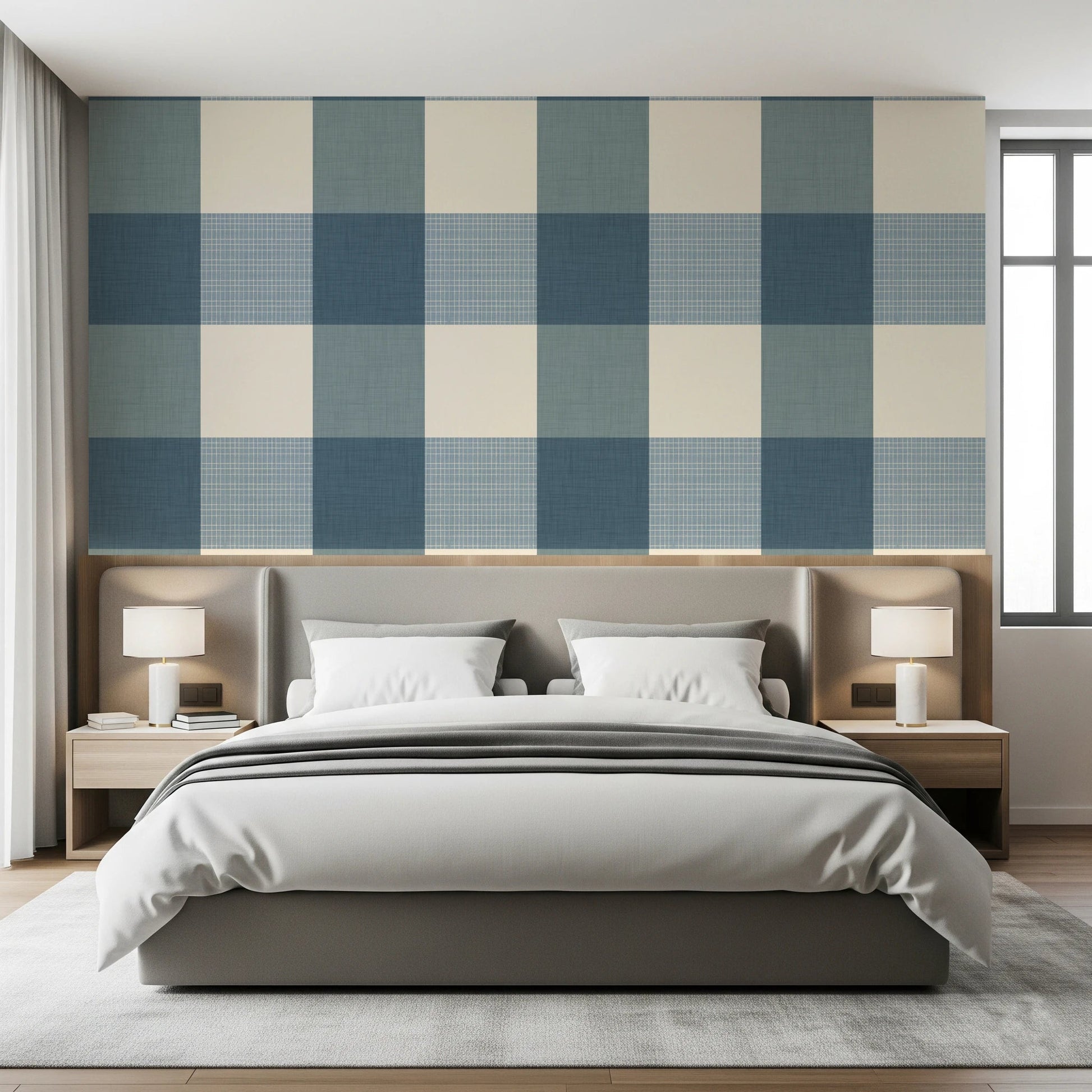 Gingham Dusty Blue Linen Texture Country Wallpaper⁠