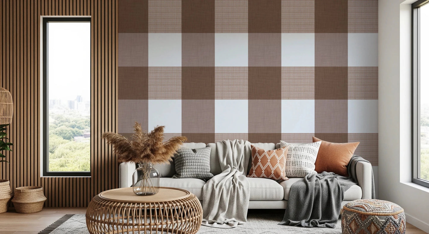 Gingham Mocha Borwn Linen Texture Country Wallpaper⁠