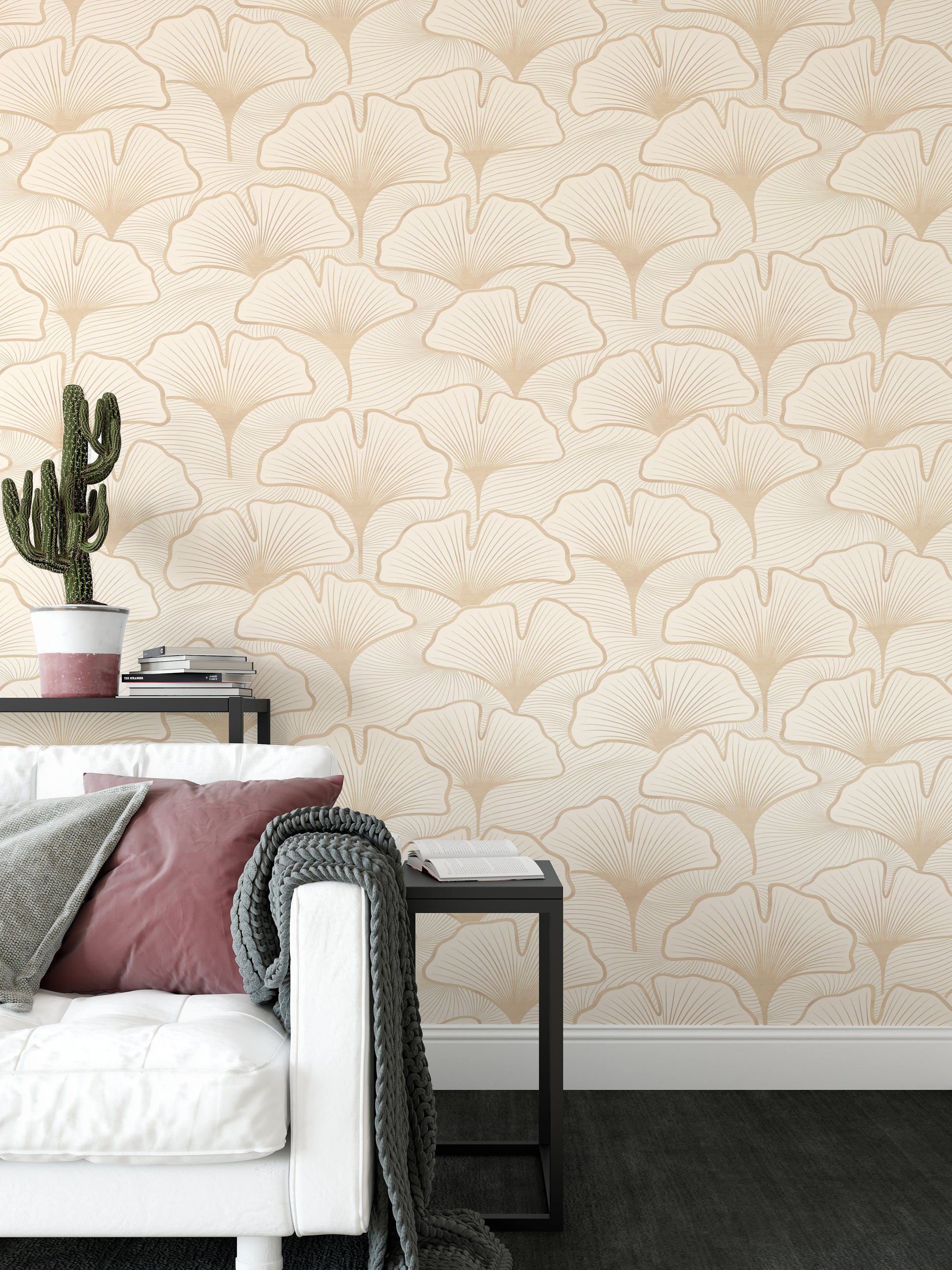 Botanical wall mural featuring flowing ginkgo shapes


