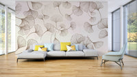 A peaceful wall mural with an ethereal botanical pattern.

