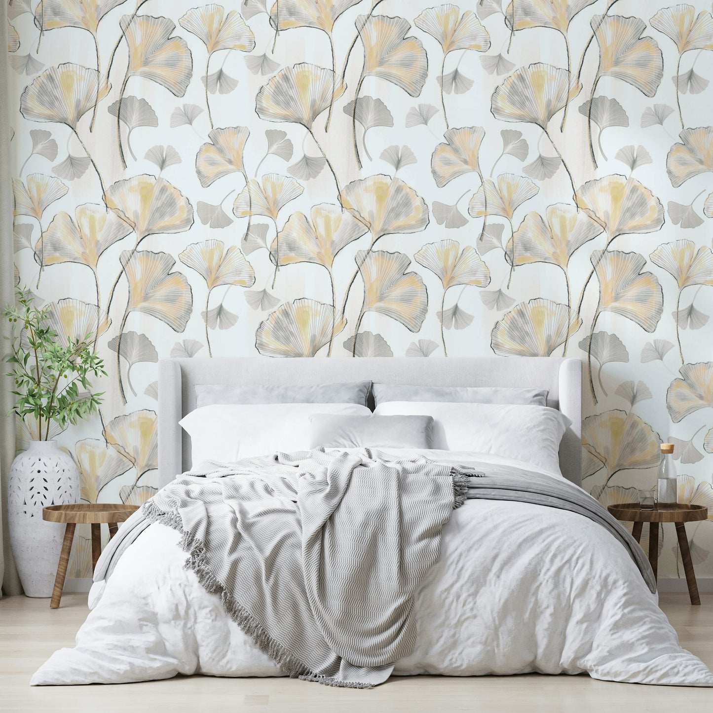 The wallpaper is perfect for a peaceful space.

