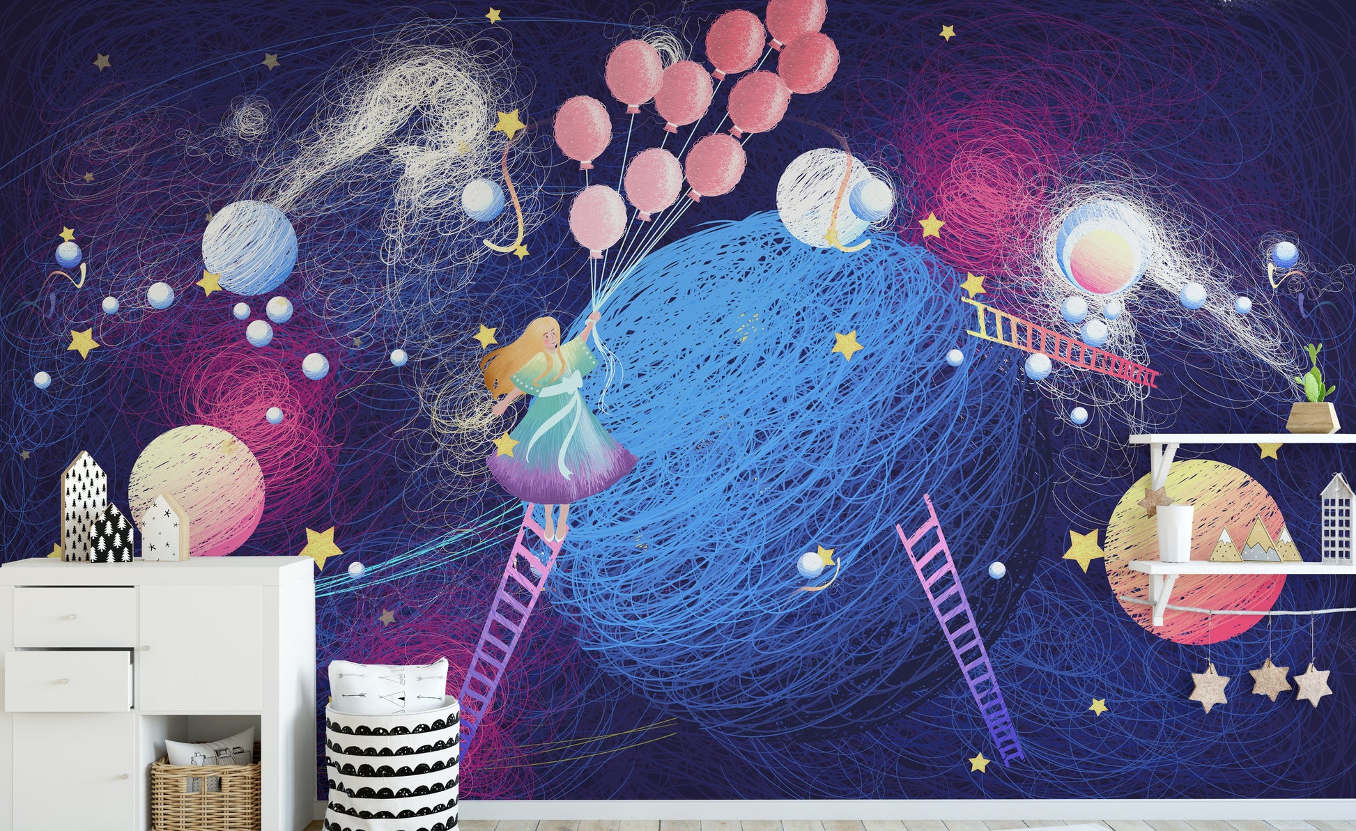 Girl on the Planet with Flying Balloons Wallpaper - Giffywalls