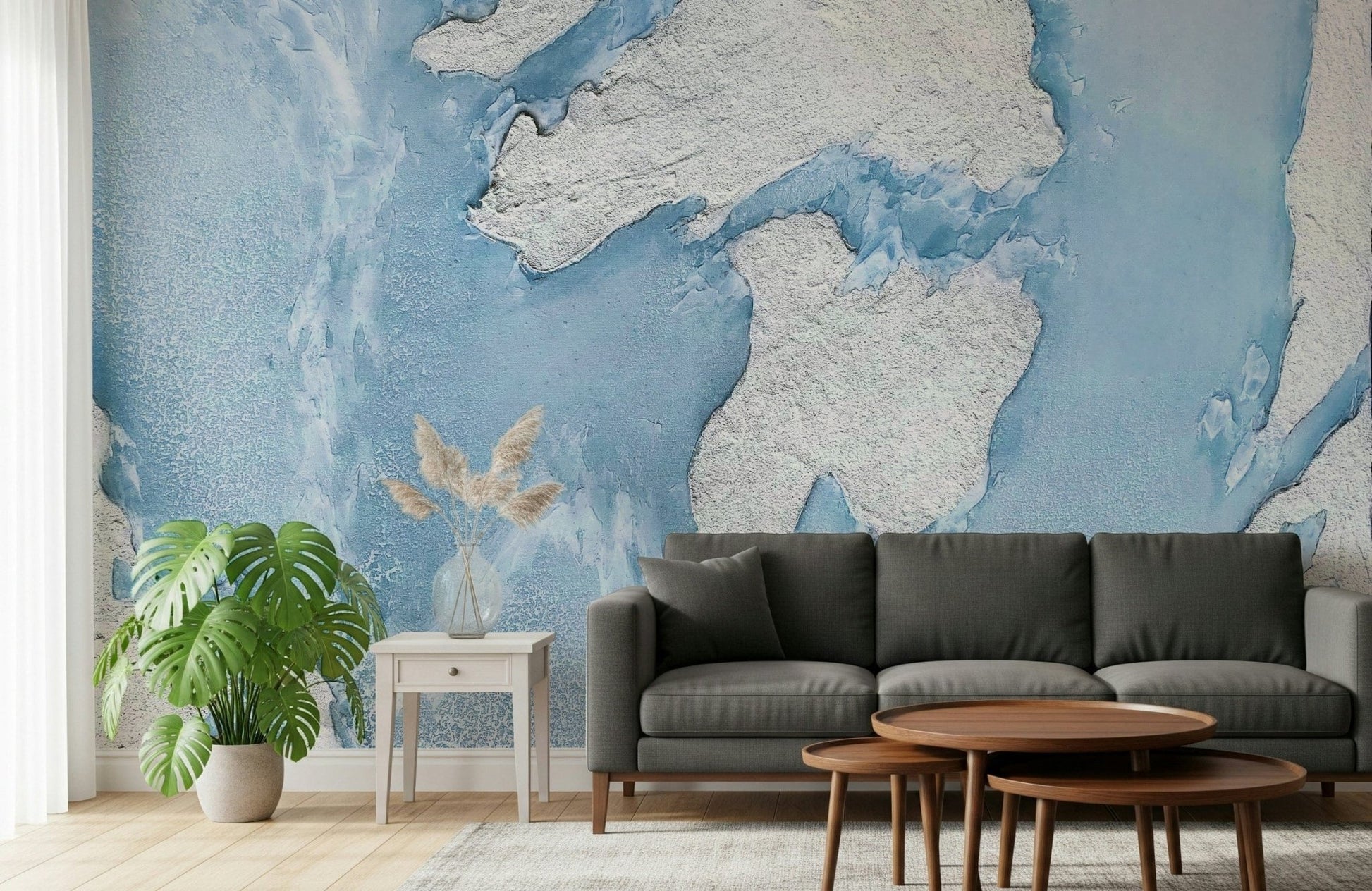 Frozen mountain vista wall mural with ethereal light and icy textures for a tranquil, modern aesthetic.