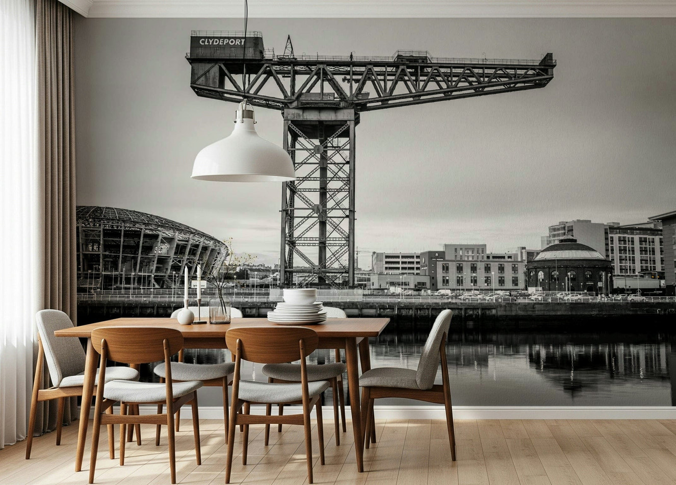 Glasgow skyline wall mural in modern living room, cool gray and blue tones, cityscape feature wall