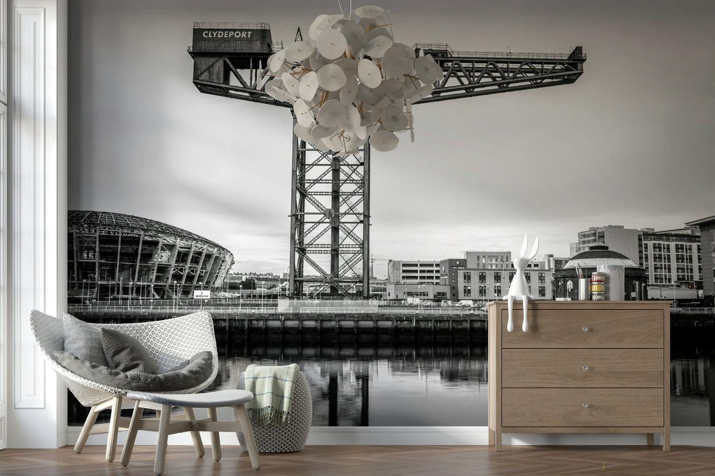 Panoramic Glasgow mural in bedroom, soft grey palette, calm modern wall decor
