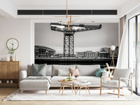 Living room city mural with Glasgow architecture, contemporary style, large-scale wall covering