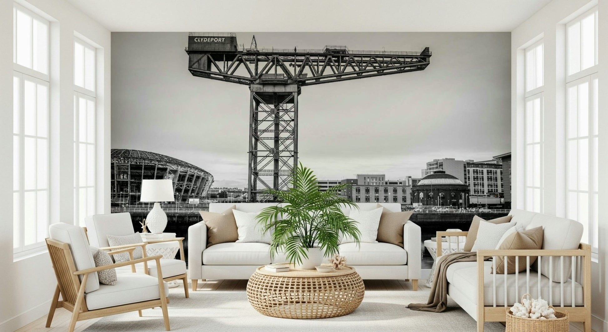 Glasgow's Giant Wall Mural on office feature wall, contemporary city line art in charcoal and slate