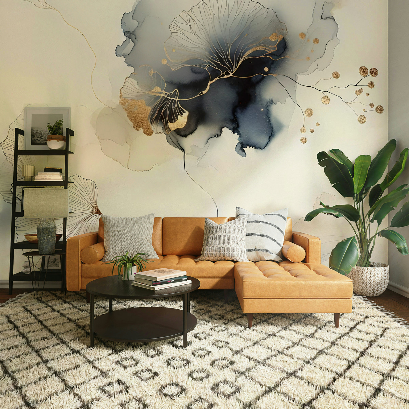 Modern botanical mural in living room feature wall, green and gold tones