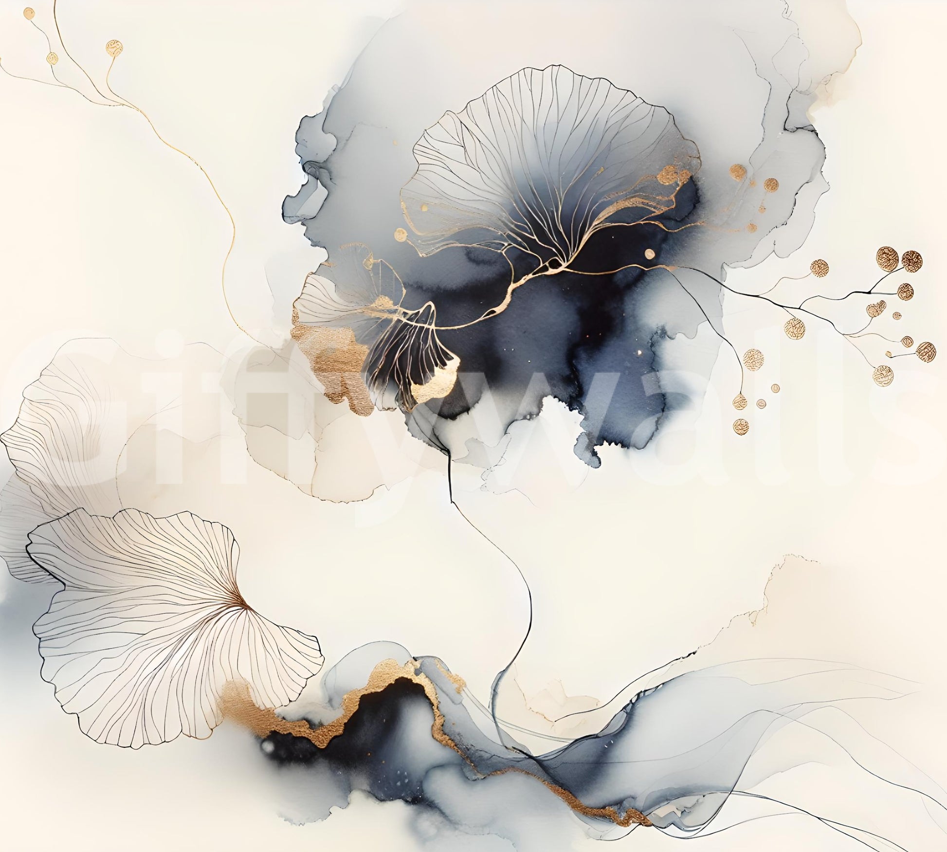 Minimal dining room accent wall mural, botanical artwork with warm gold notes