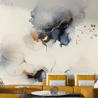 Modern living room wall decor mural, botanical pattern with gilded accents