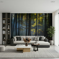 Symmetrical tall woods motif on Glimmering Forest Woodland mural.