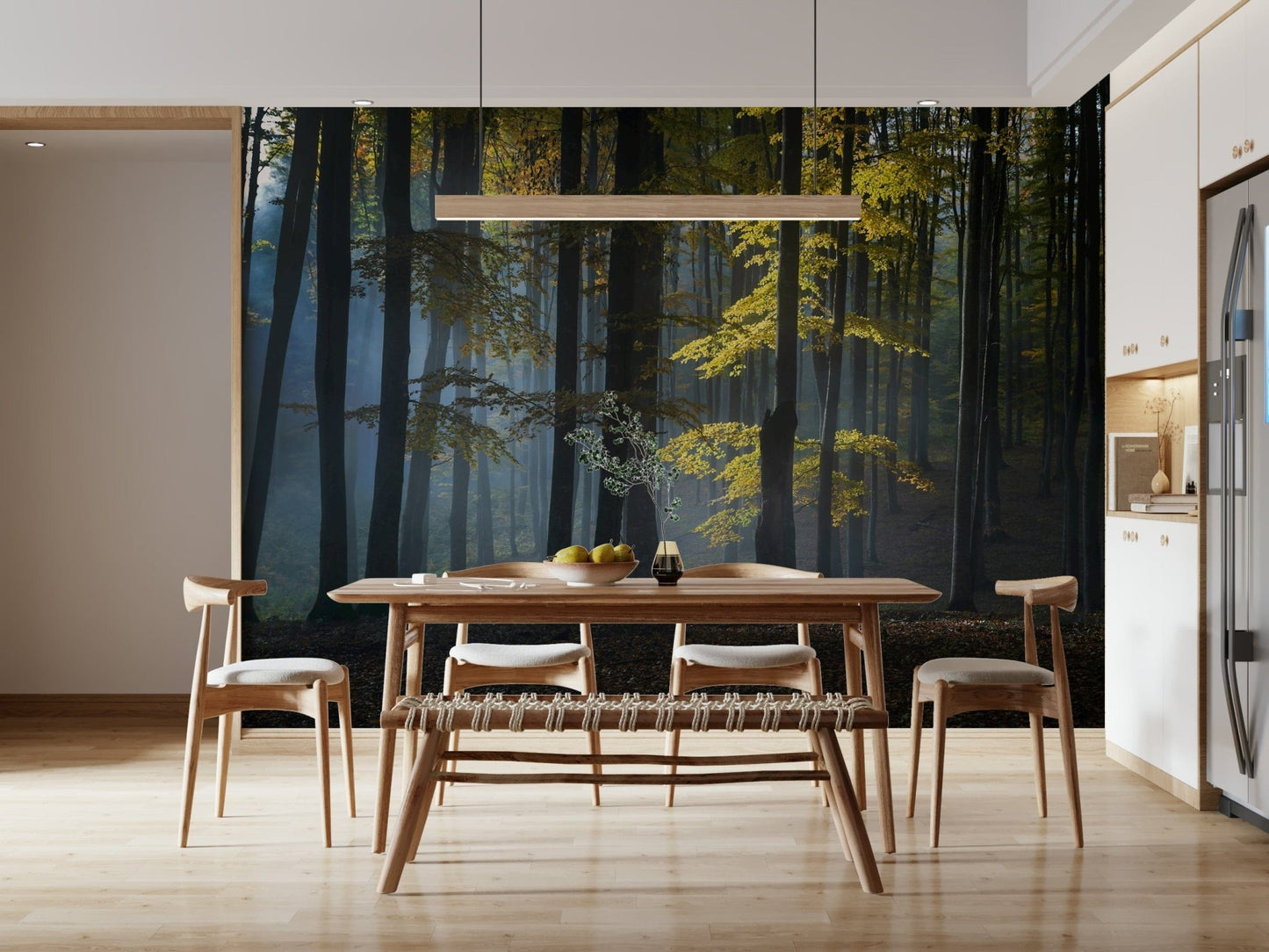 Sunlight streaming through trees on Glimmering Forest Woodland mural art.