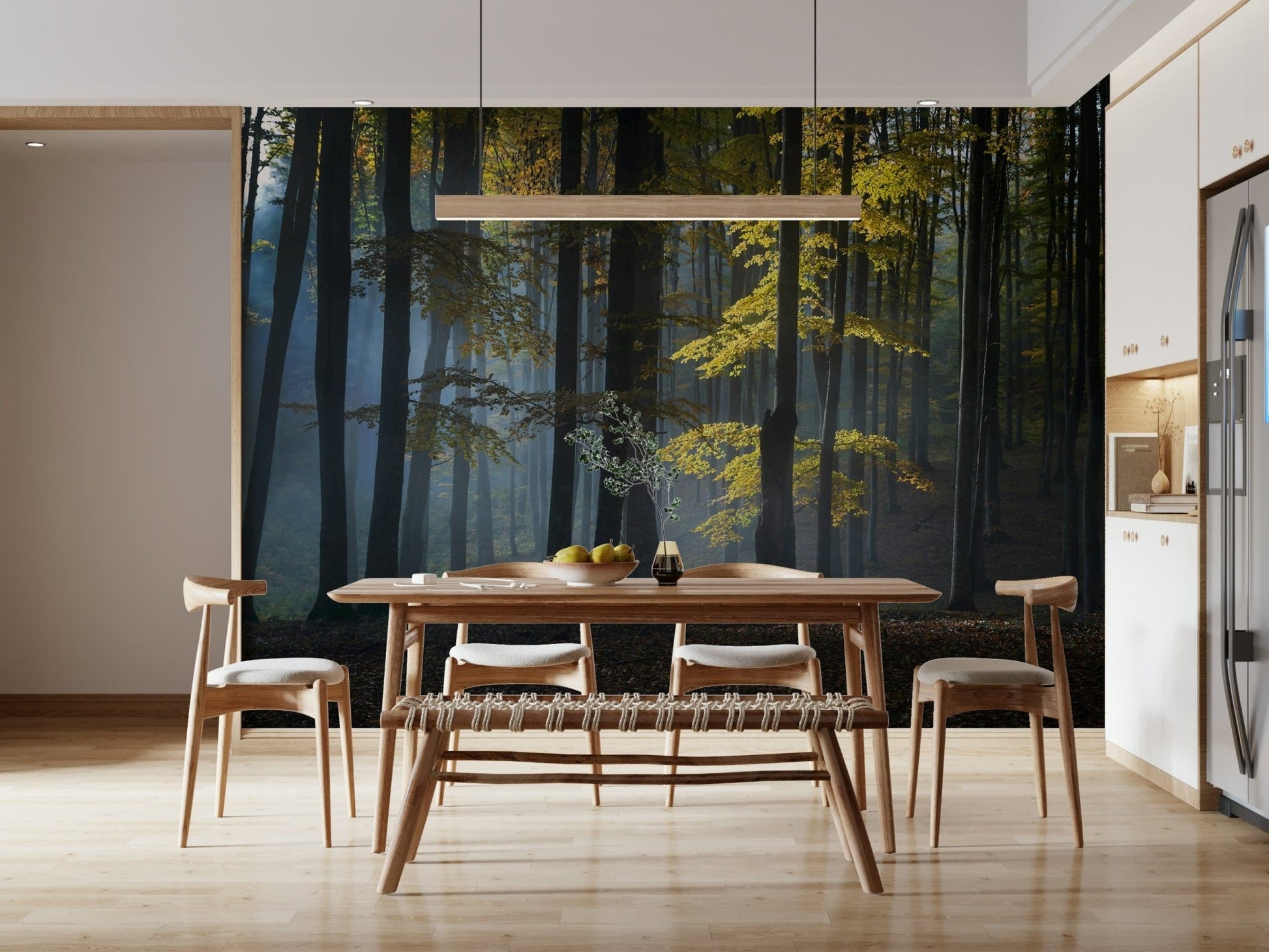 Sunlight streaming through trees on Glimmering Forest Woodland mural art.