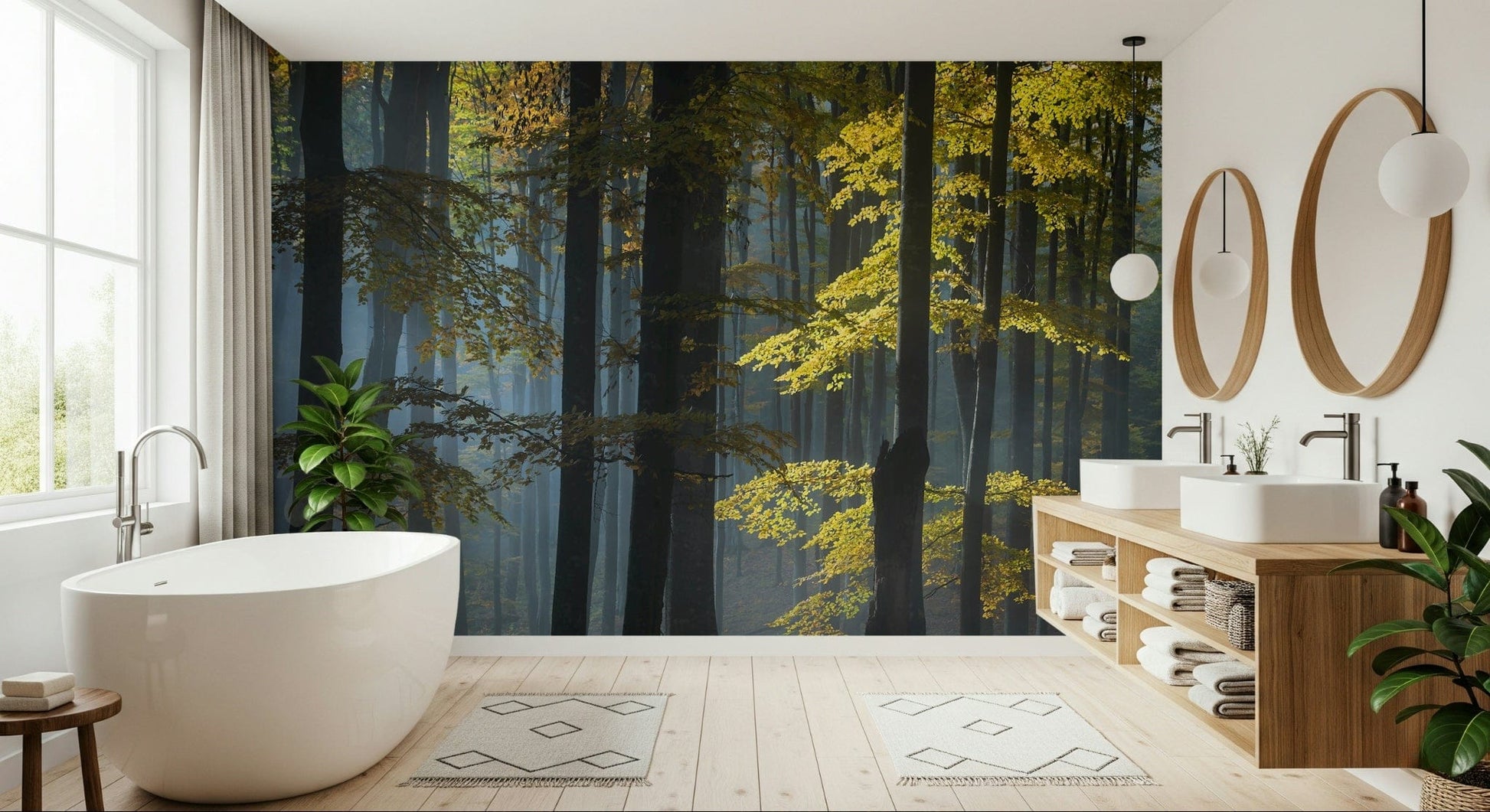 Scattered shafts of smoky light in Glimmering Forest Woodland peaceful design.
