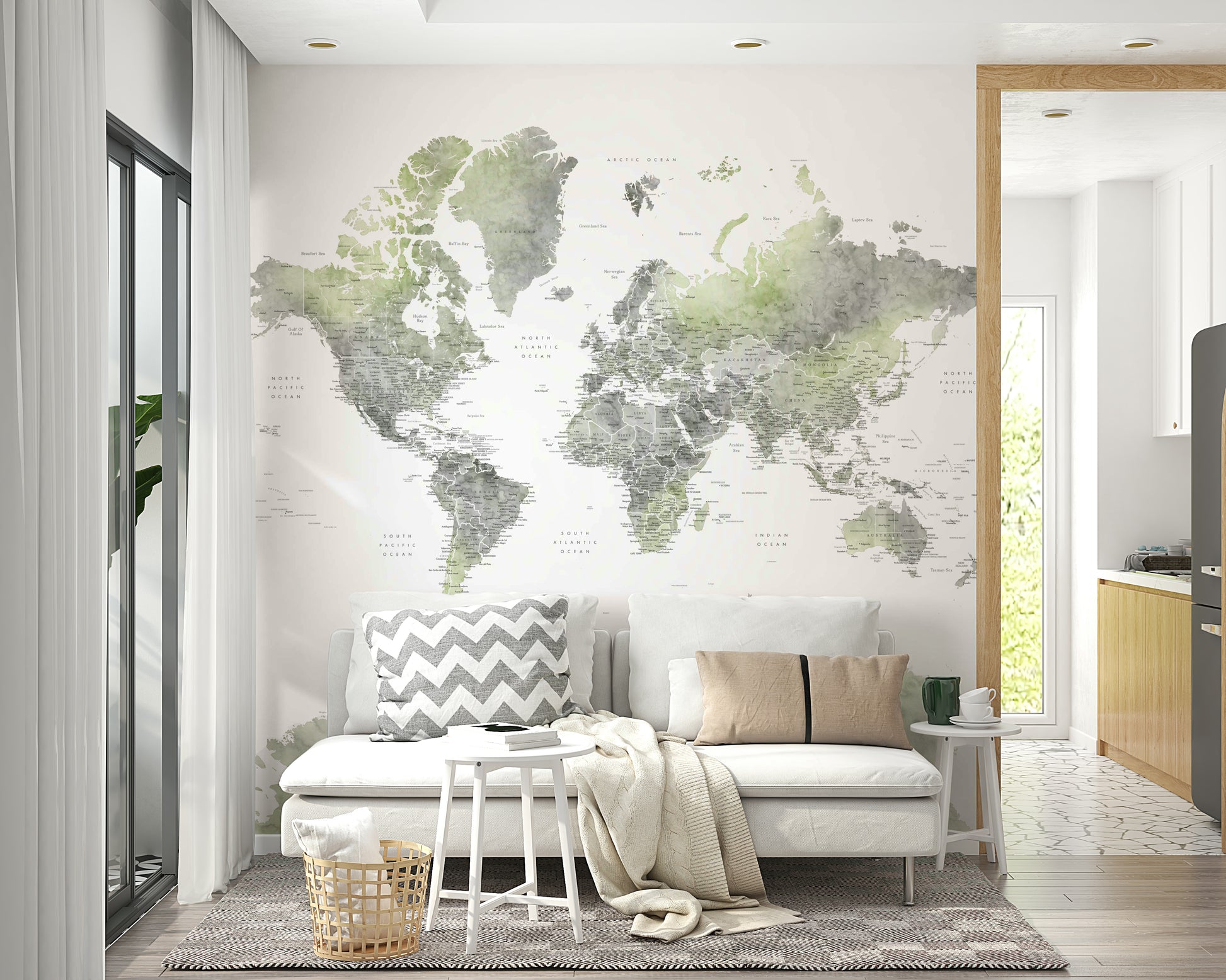 Artistic global map wallpaper in fresh green hues


