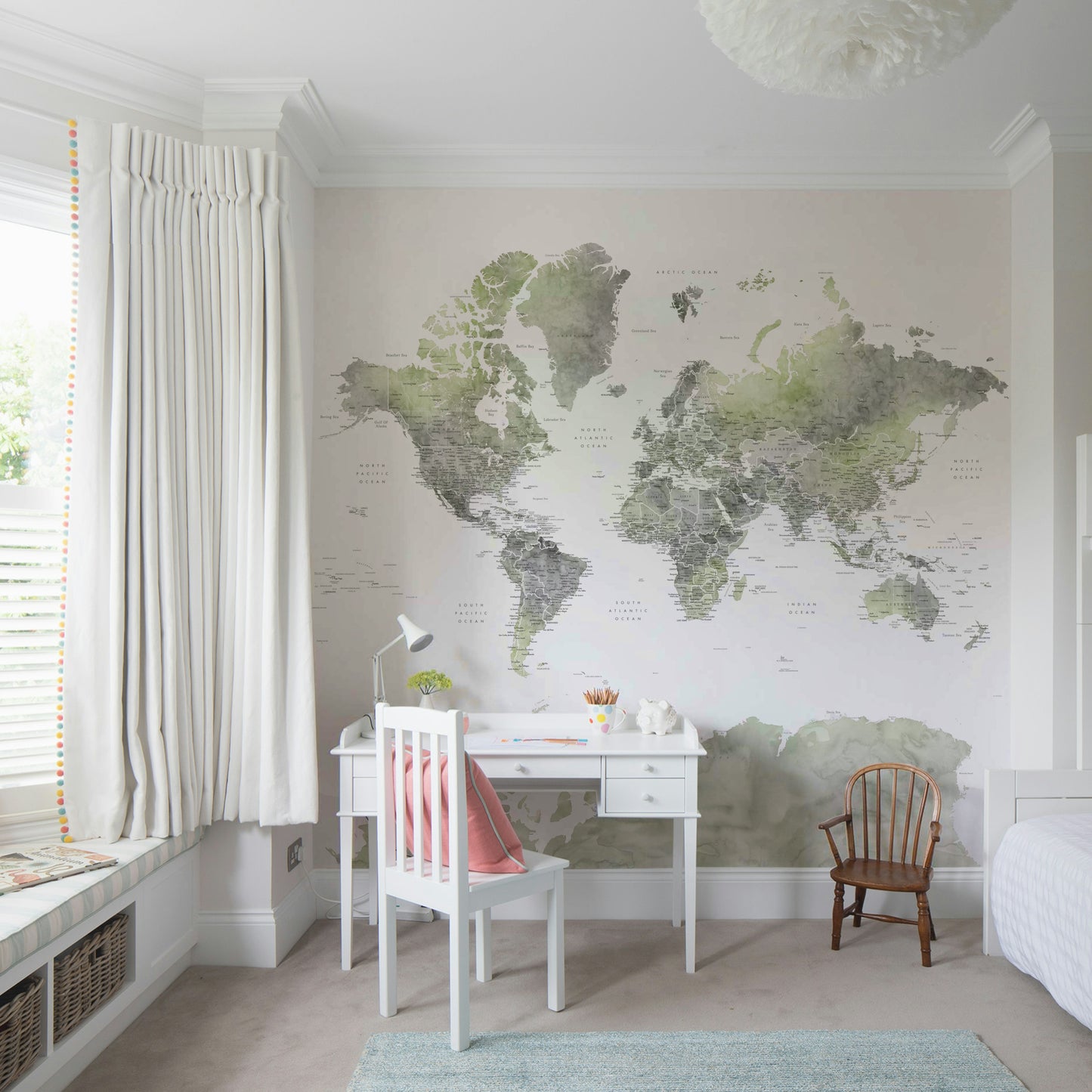 Green watercolor world map wallpaper for walls

