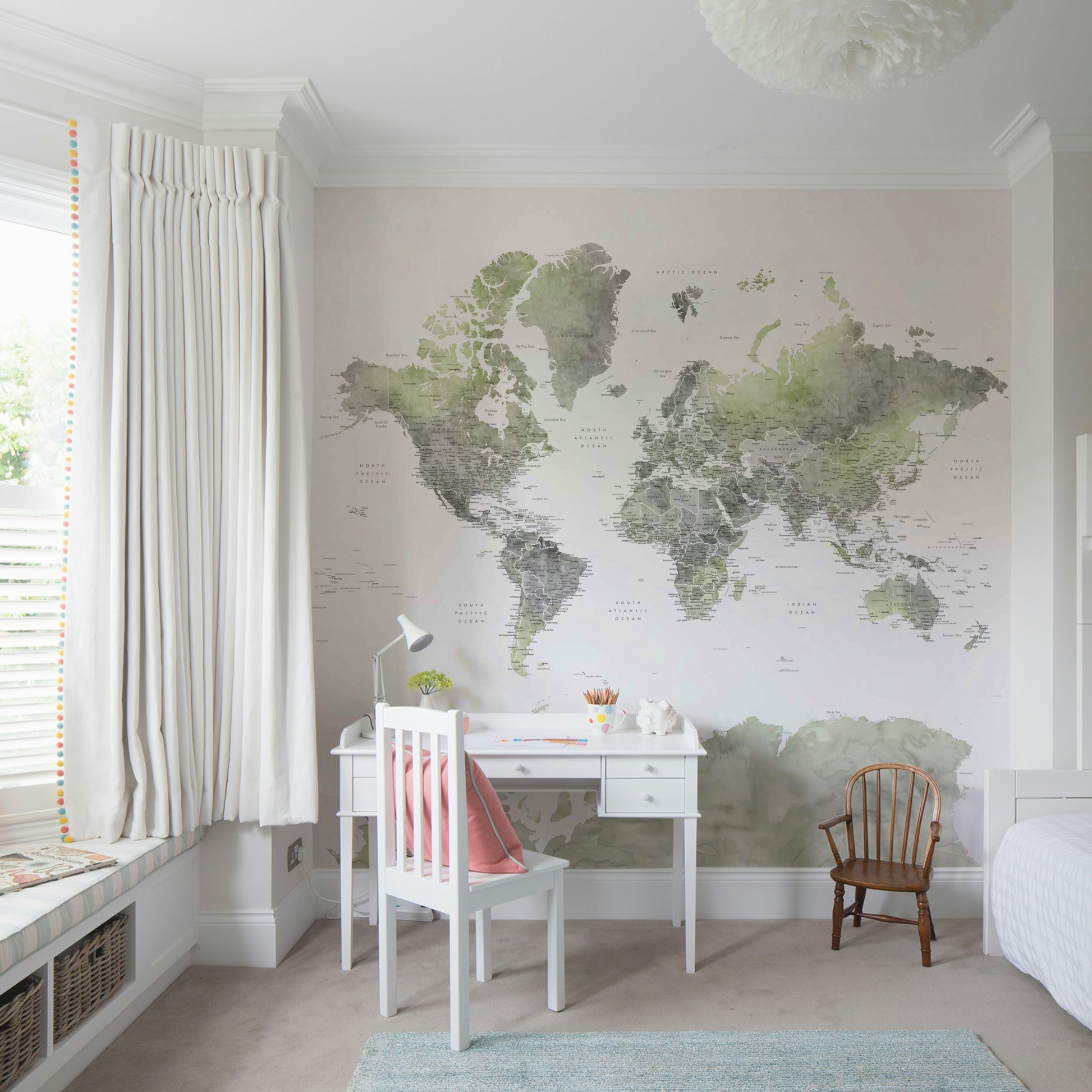Green watercolor world map wallpaper for walls

