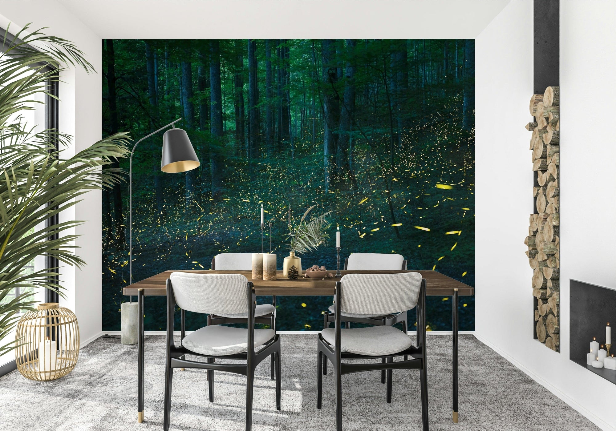 Glowbug Grove wallpaper mural of a green forest lit by golden fireflies behind a wood dining table and grey chairs