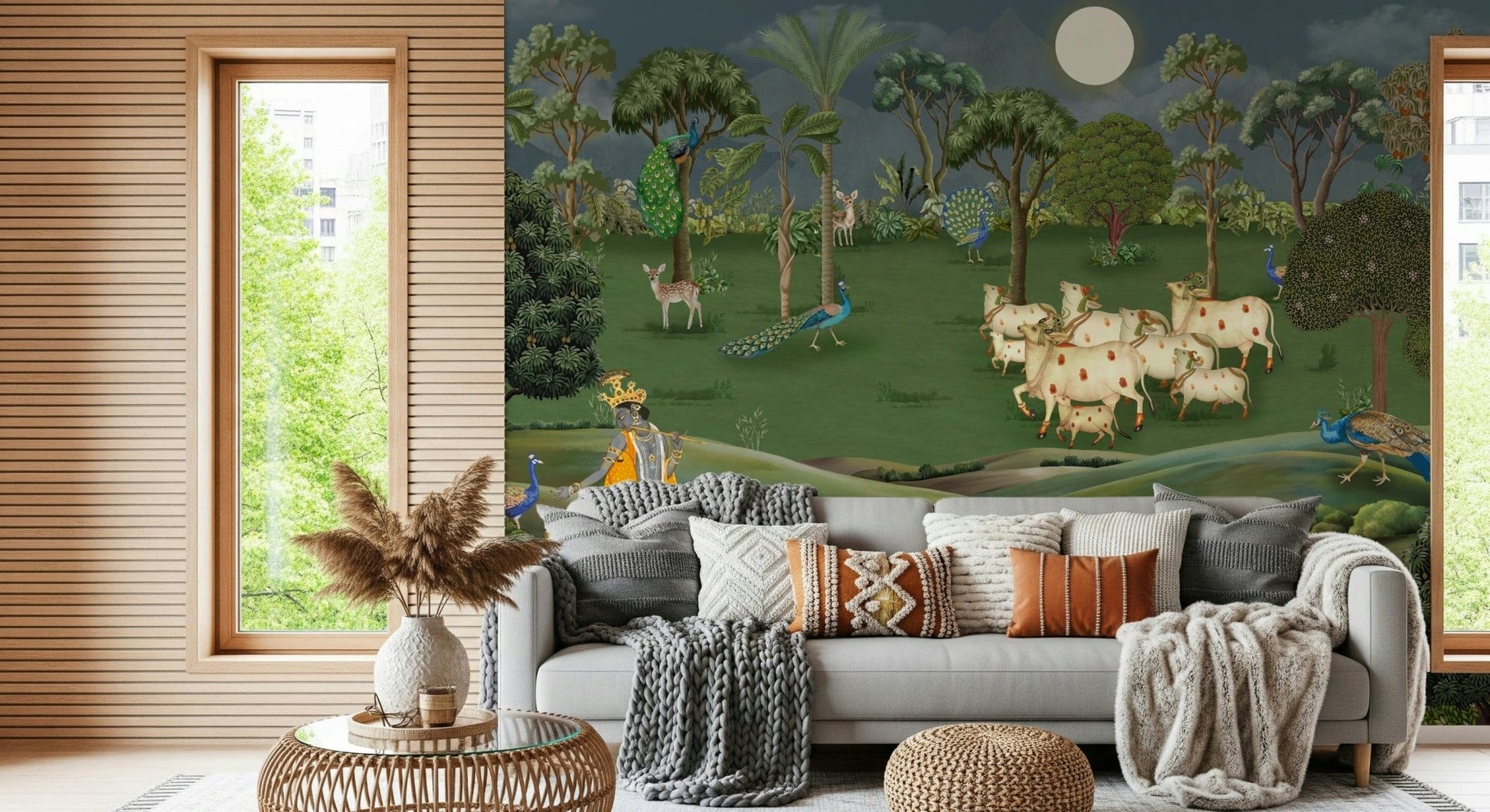 Cultural cow grazing wall mural for home interiors with classic Indian art style
