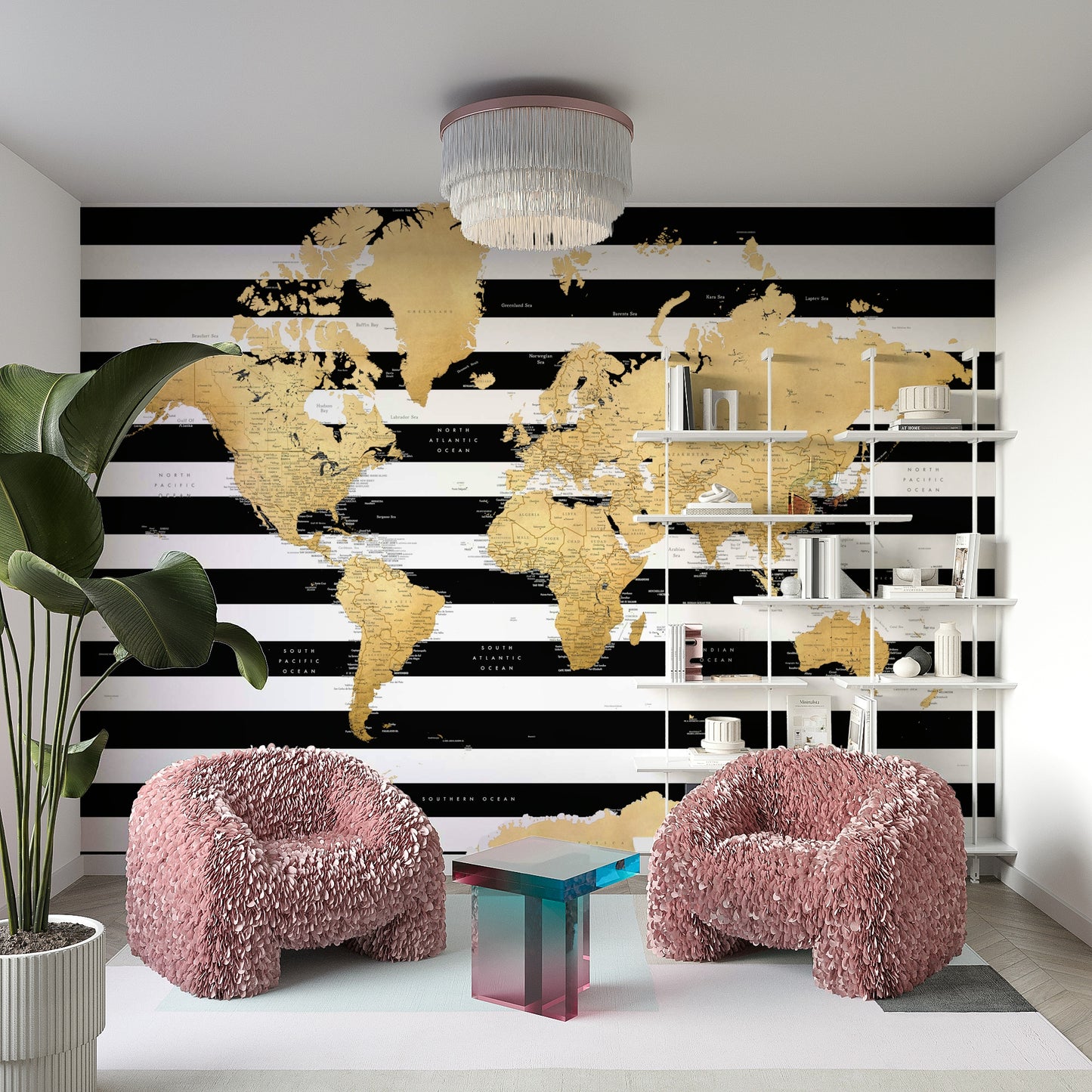 Artistic black wallpaper with metallic gold continents

