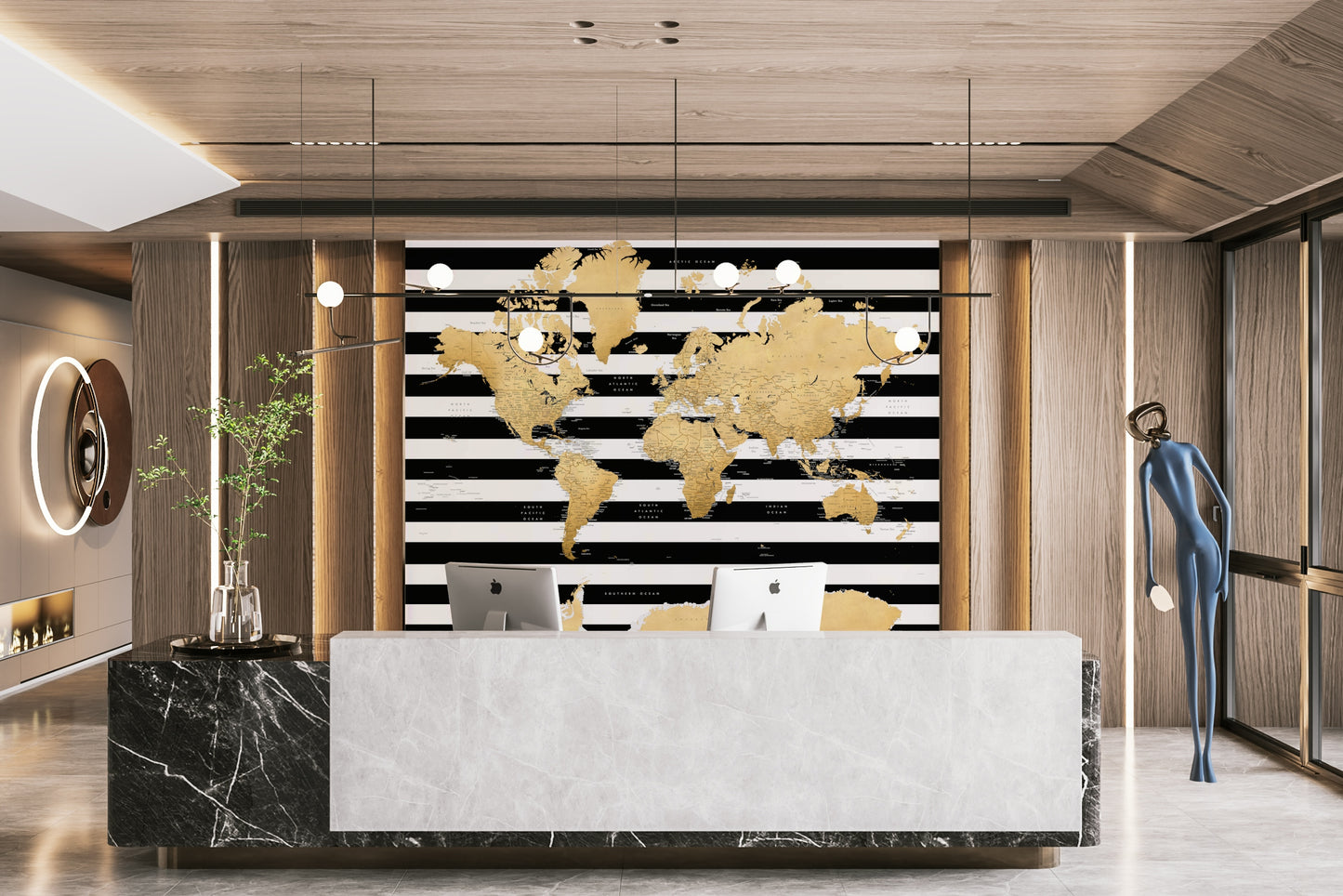 Luxury wall décor with gold watercolor world map

