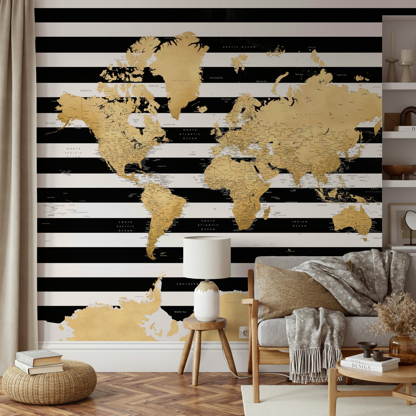 Luxurious map mural in gold and deep black tones

