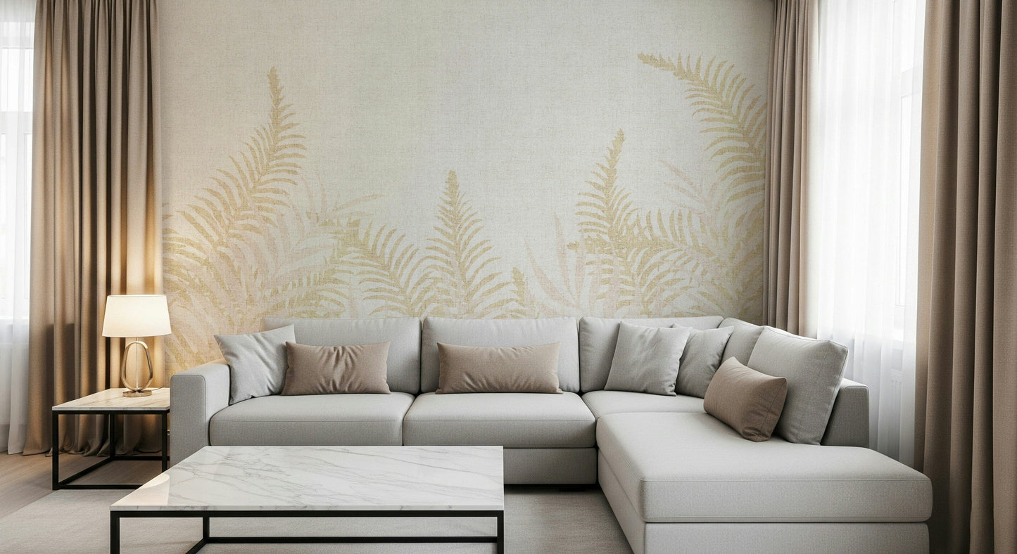 Into The Jungle wall mural, light colored botanical wallcovering.
