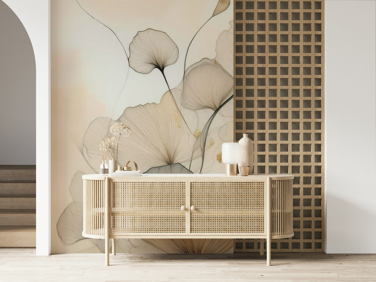 Elegant wall mural with abstract ink blooms and fluid brushstrokes for refined interior décor.