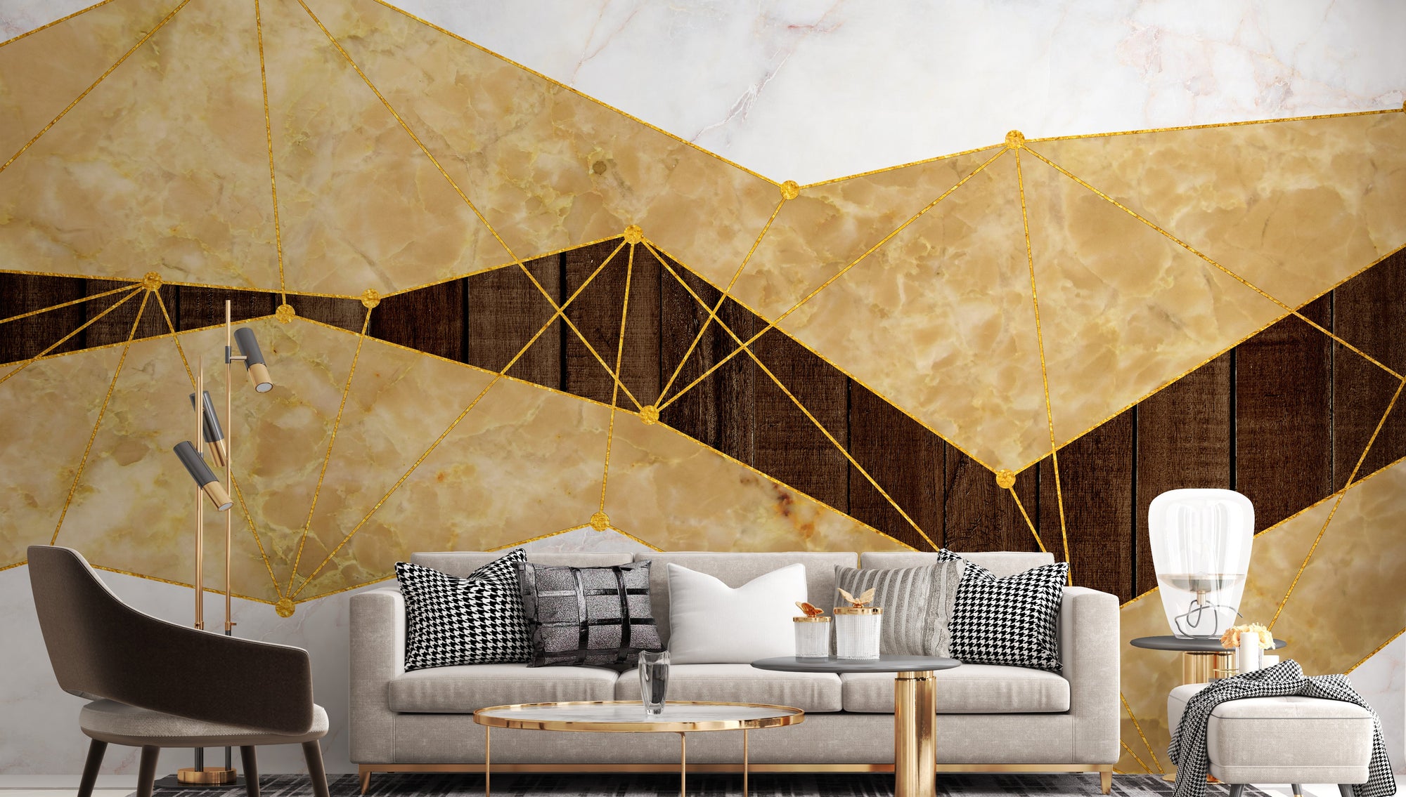 Gold Marble & Wood wallpaper mural shown as a full feature wall that highlights the design