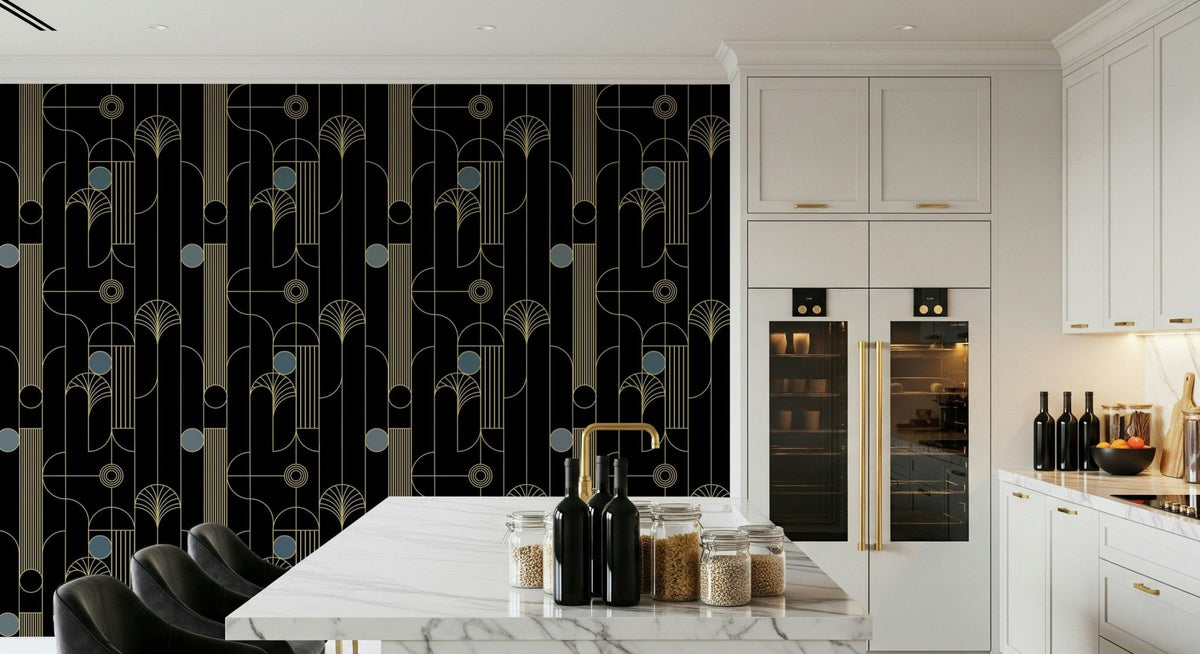 Golden Arcadia Harmony Deco wallpaper in black and gold deco pattern in a kitchen with marble island and dark stools