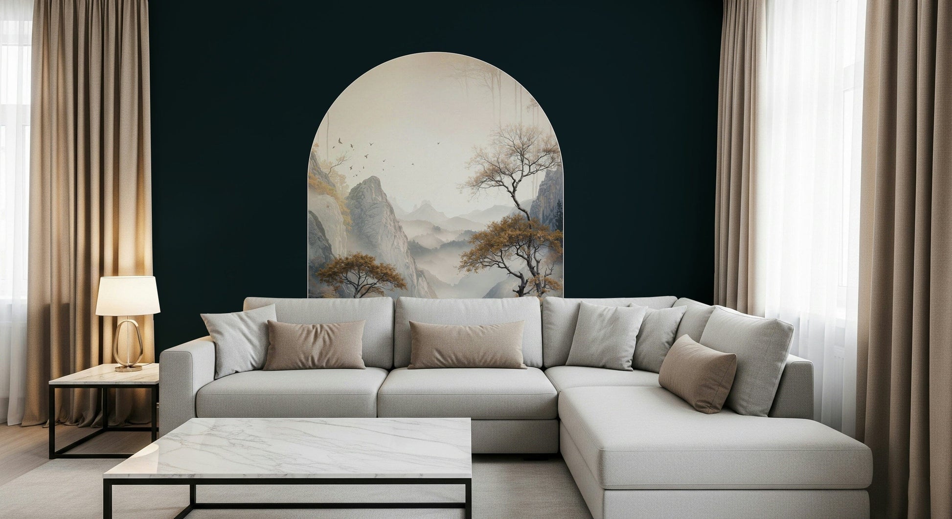 Luxurious mural depicting an archway of golden trees illuminated in soft, radiant light.