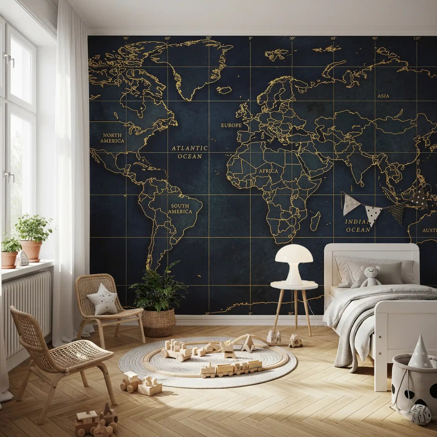 Bedroom golden atlas map mural with navy world layout