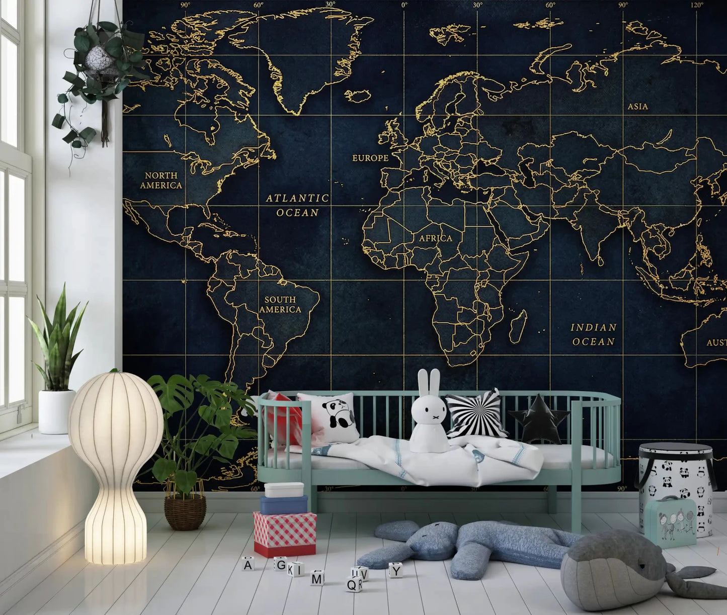 Deep sea world map wall mural with golden global outline