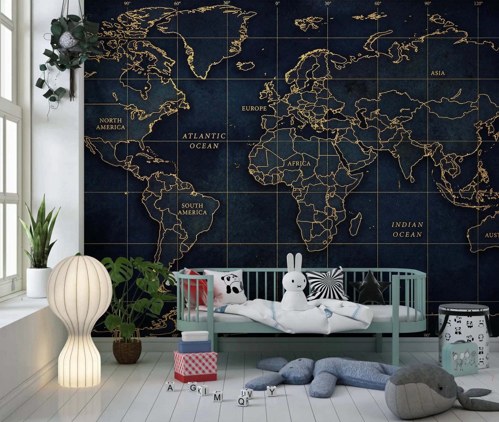 Deep sea world map wall mural with golden global outline