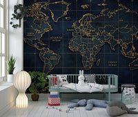 Deep sea world map wall mural with golden global outline